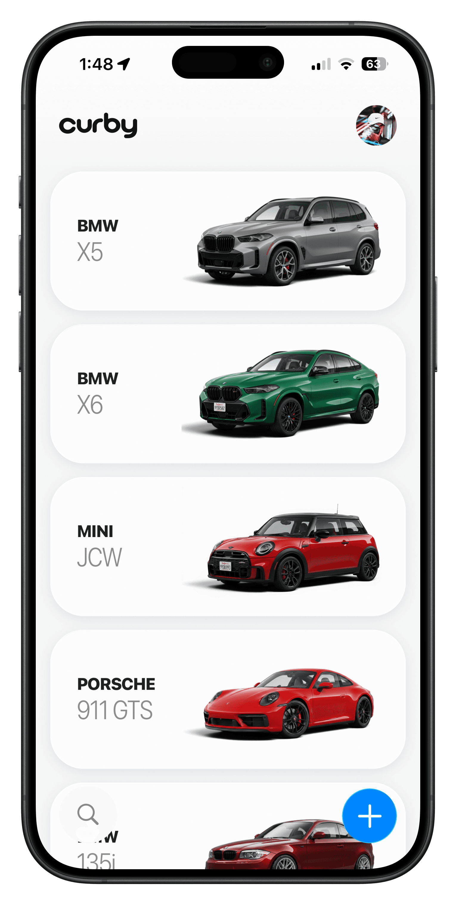 Curby garage home screen showing your BMW, MINI, and Porsche vehicles in an iPhone frame